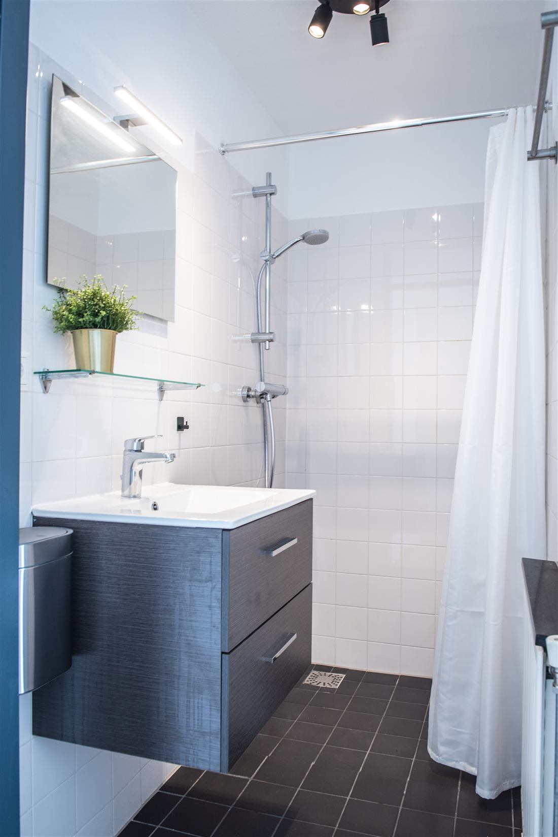 Bathroom with a walk-in shower, dark tiled floor and a blue vanity unit.
